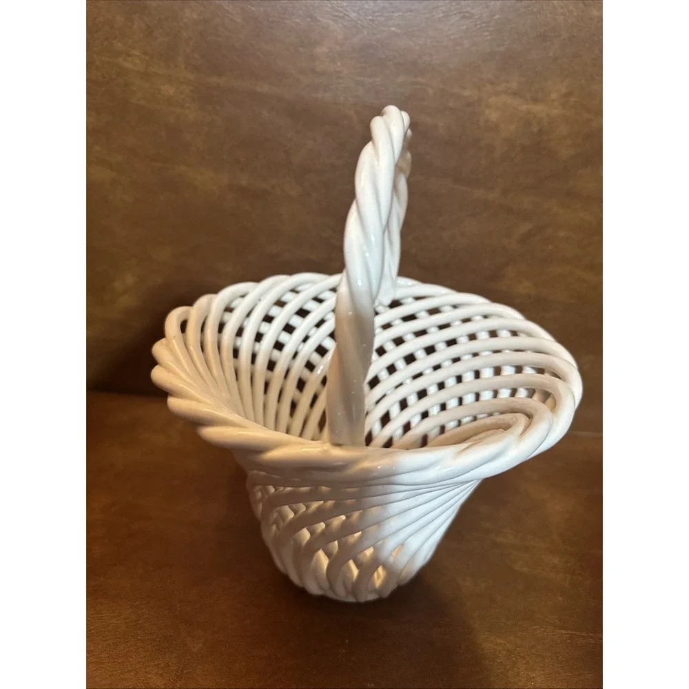 Vintage Ceramic Woven Basket With Handle